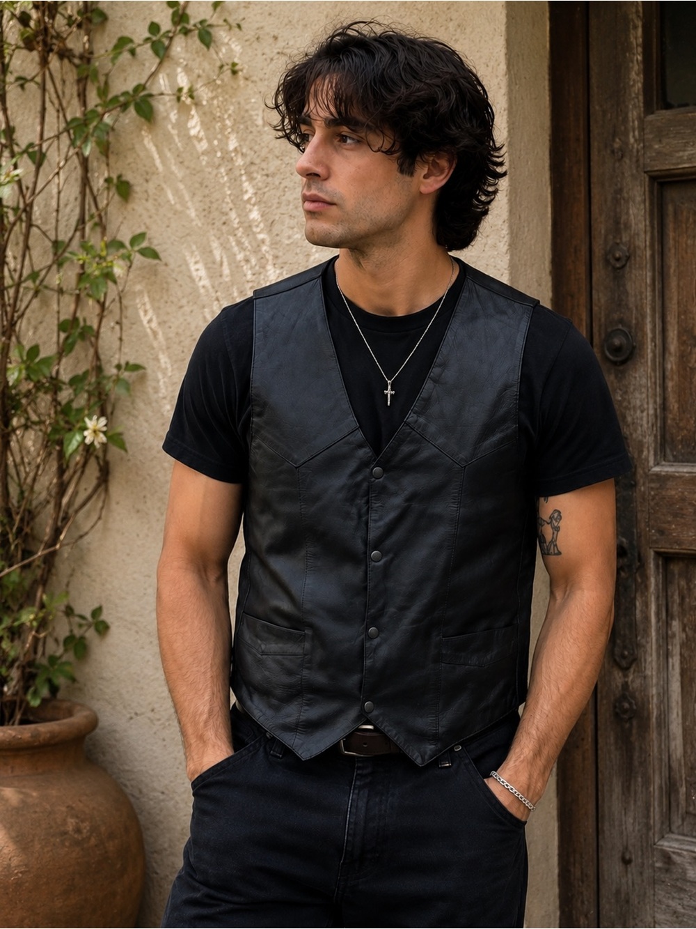 Men’s Judy’s Leather Classic Black Leather Button Vest #44